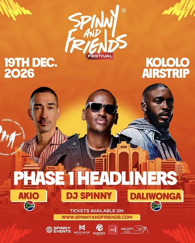 Spinny and Friends Festival flyer: Phase 1 headliners AKIO, DJ Spinny and Daliwonga. 19 December 2026, Kololo Airstrip.